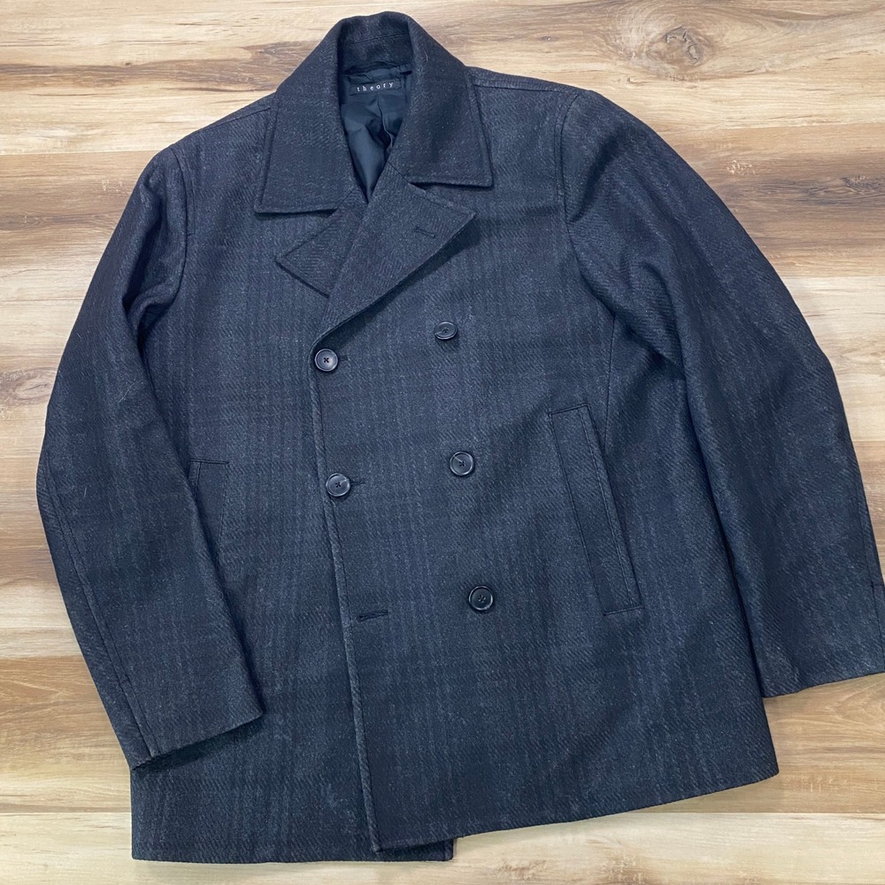 Theory Tanker Bolkar Pea Coat XL Wool Blend Double Breasted Herringbone Charcoal